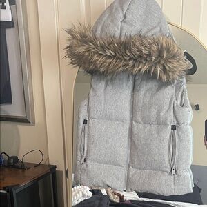 GAP Gray Puffer Vest with Faux Fur Hood